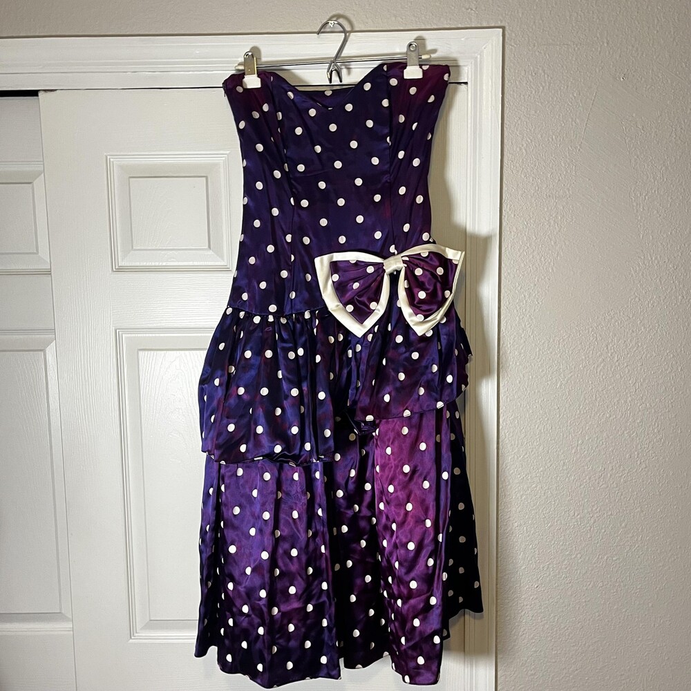 Vintage Gunne Sax Dress Juniors 11/12 Purple Polka Dot Strapless Bow Prom 80s